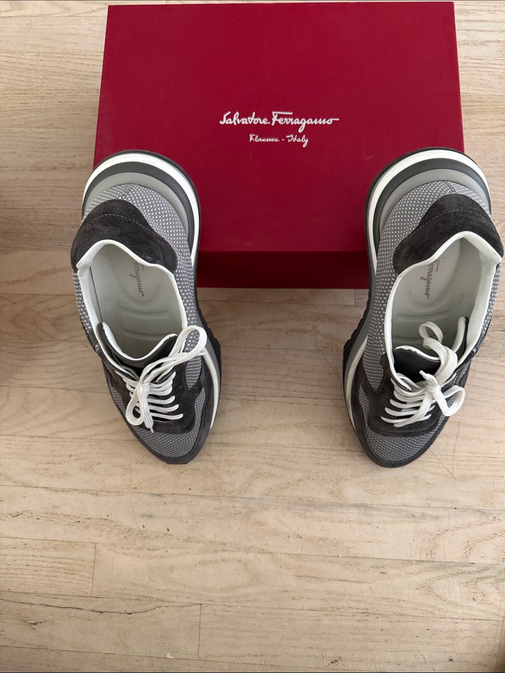 Salvatore Ferragamo Gray and White Mesh Suede Runner Sneakers